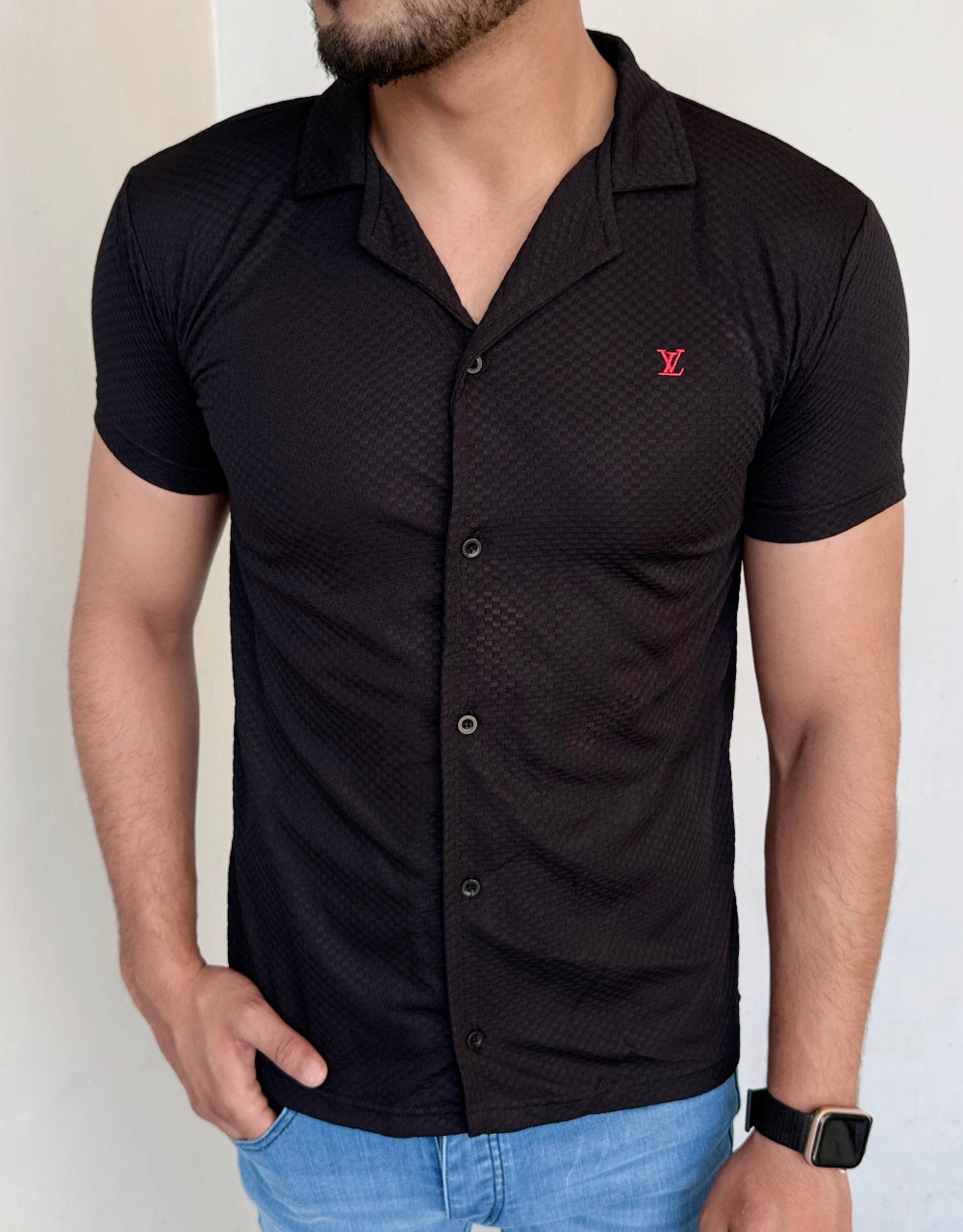 IMPORTED TEXTURE SAFARI SHIRT-BLACK