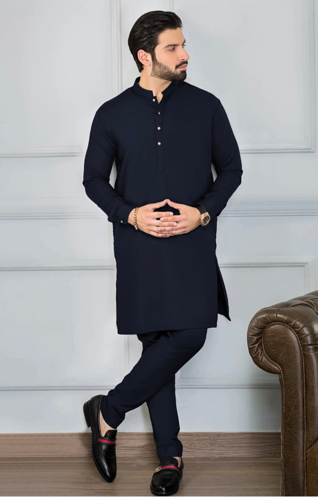 FECTIVAL COLLECTION STITCHED ALL SEASON BLENDED BAN SUIT-NAVY GOLD BUTTON