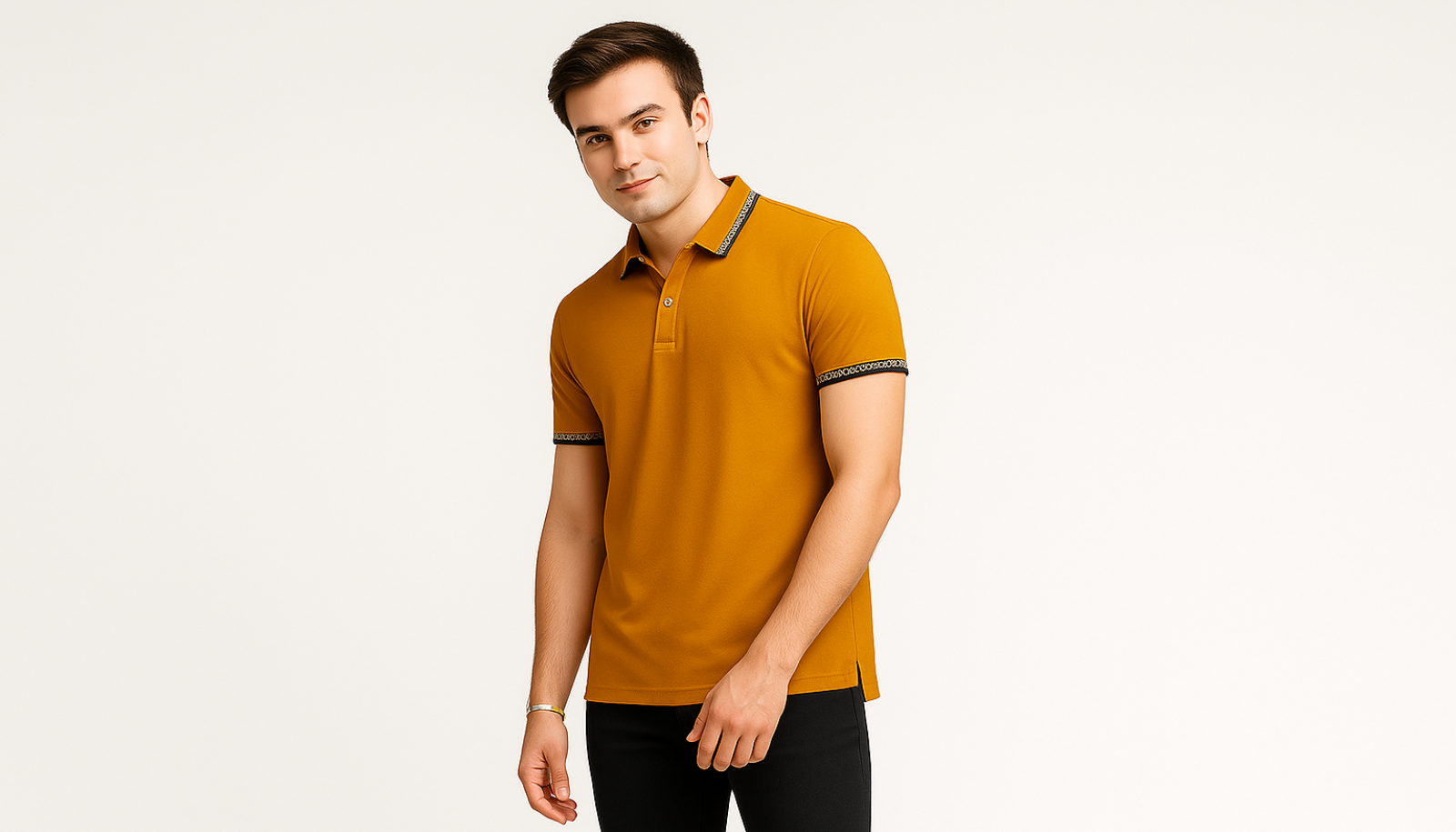 Man wearing a mustard yellow polo shirt on a white background.