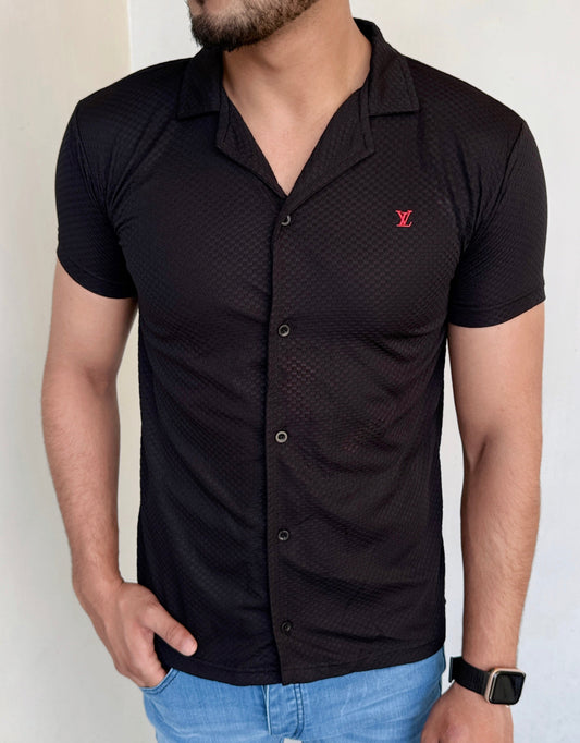 IMPORTED TEXTURE SAFARI SHIRT-BLACK