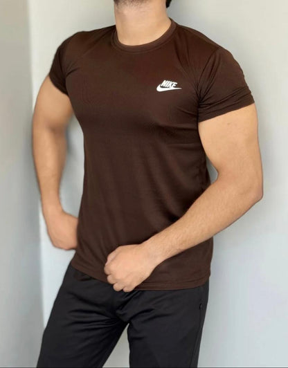 SMOOTH FLEX T-SHIRT WITH UNIQUE HALF SLEEVES DESIGN - BROWN