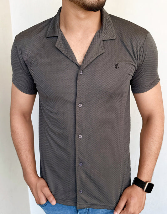 IMPORTED TEXTURE SAFARI SHIRT-GRAY