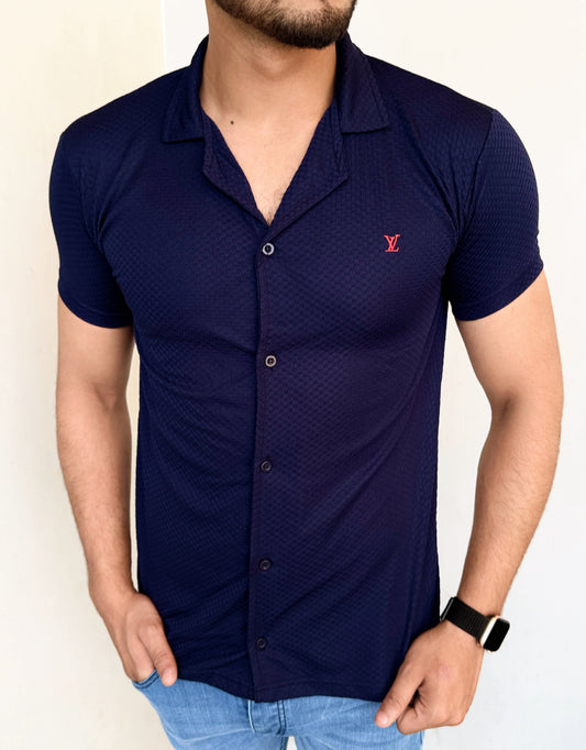 IMPORTED TEXTURE SAFARI SHIRT-NAVY