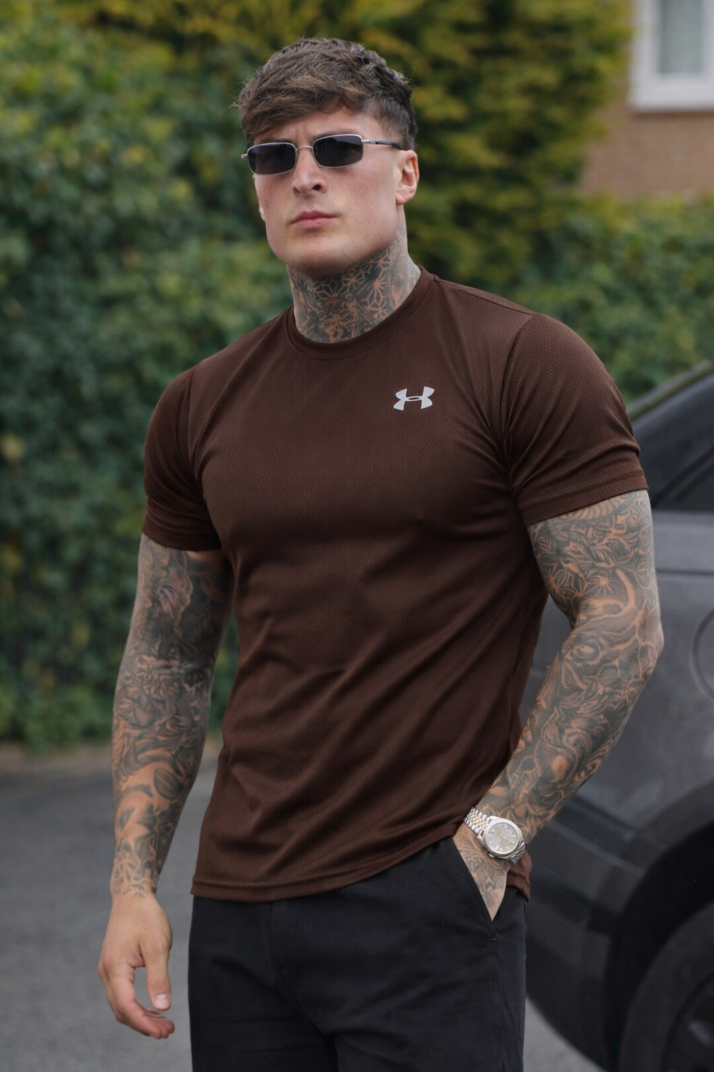 LYCRA COMFORT STYLISH HALF SLEEVES FORMAL T-SHIRT - BROWN