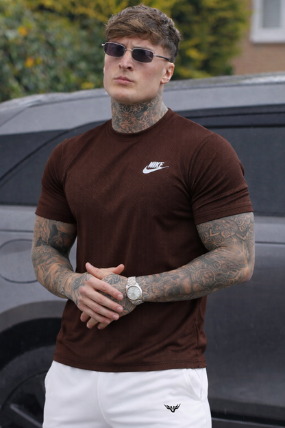 SMOOTH FLEX T-SHIRT WITH UNIQUE HALF SLEEVES DESIGN - BROWN