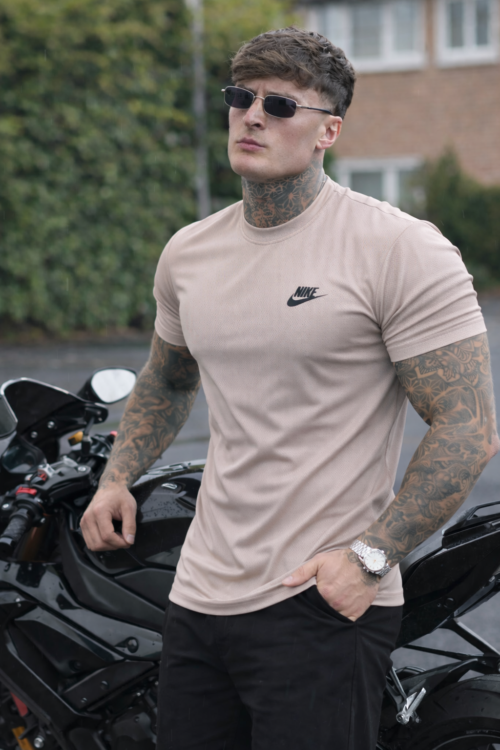 SMOOTH FLEX T-SHIRT WITH UNIQUE HALF SLEEVES DESIGN - TAN